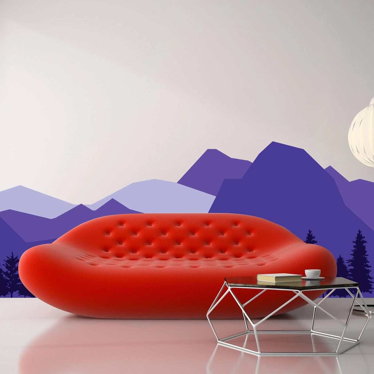 Majestic mountain wall decal featuring purple mountains behind a modern red sofa in a stylish interior.