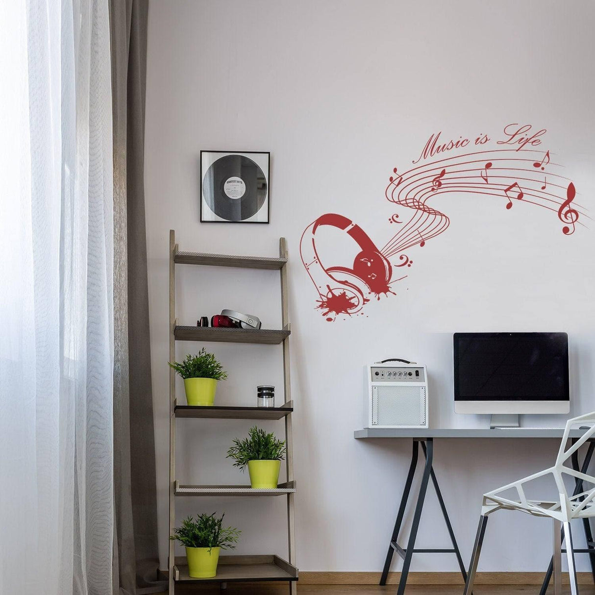 Music Is Life wall sticker with headphones and musical notes in a modern living space.
