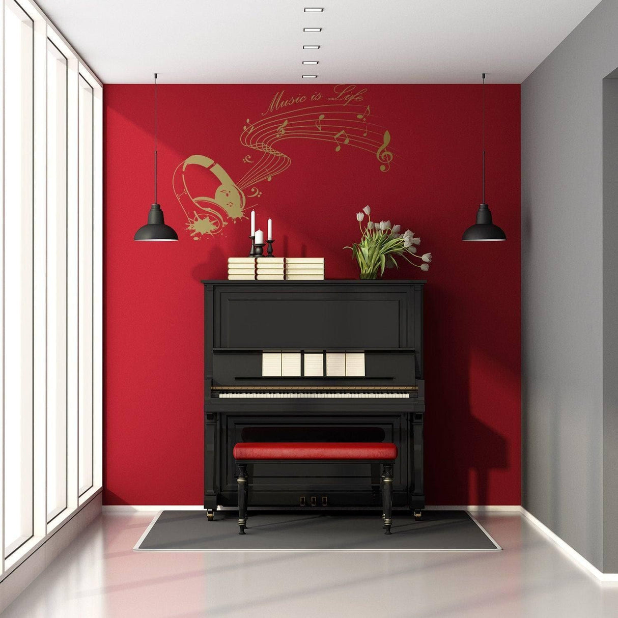 Music Is Life wall sticker above a black piano in a stylish red room with modern decor.