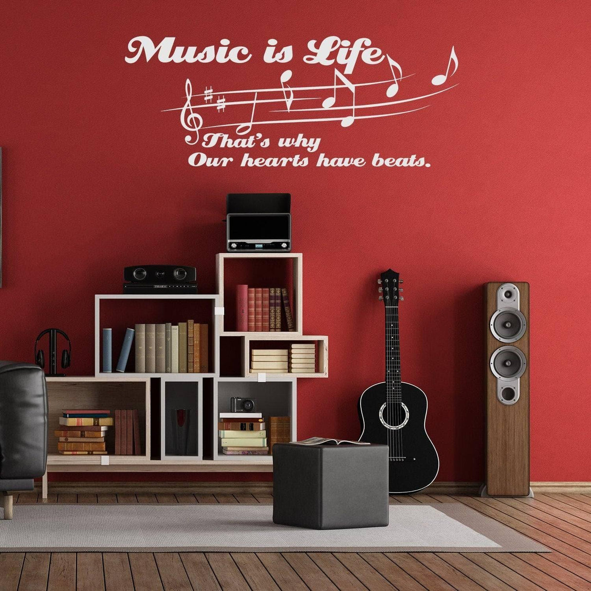 Vinyl wall decal featuring 'Music is Life' quote and musical notes, perfect for inspiring wall art in a cozy room.