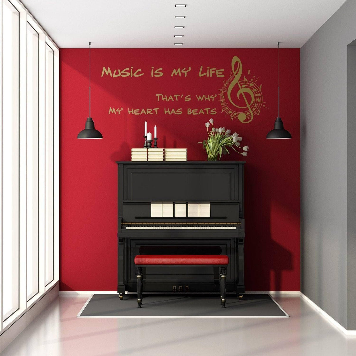 Harmony-themed wall sticker with musical notes above a black piano in a stylish room.