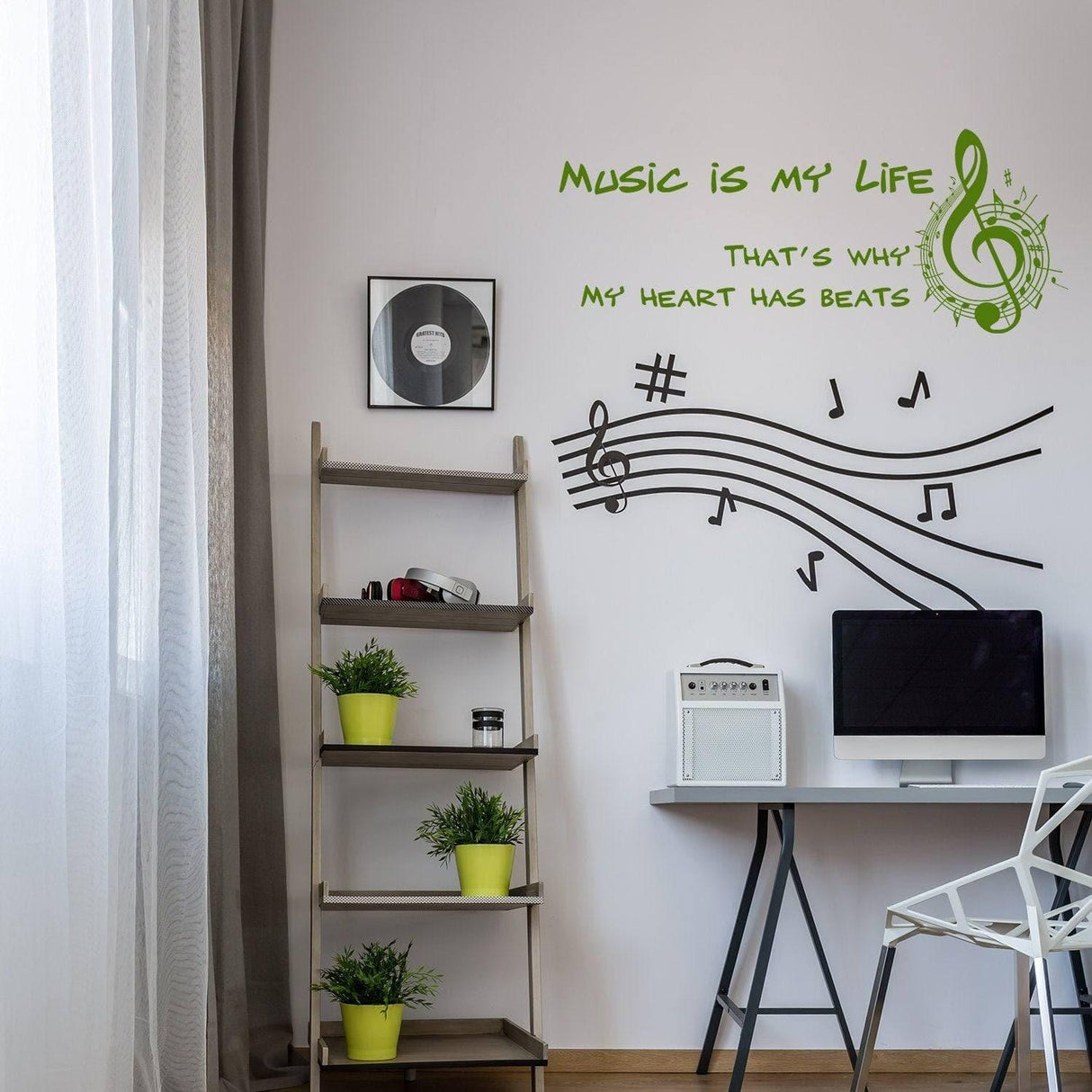 Colorful music-themed wall sticker with notes and text in a stylish room setting.