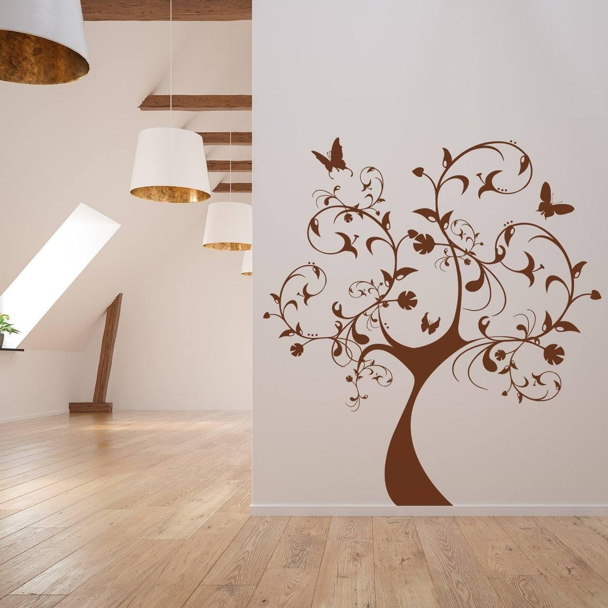 Nature's Delight decorative tree wall sticker in a bright room, featuring brown design with butterflies and floral elements.