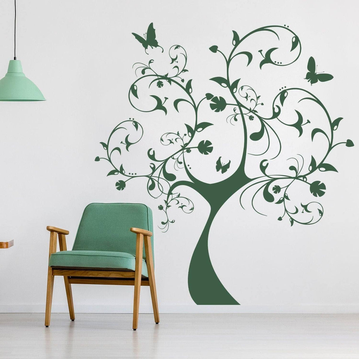 Nature's Delight green tree wall sticker with butterflies, enhancing room decor in a cozy setting.