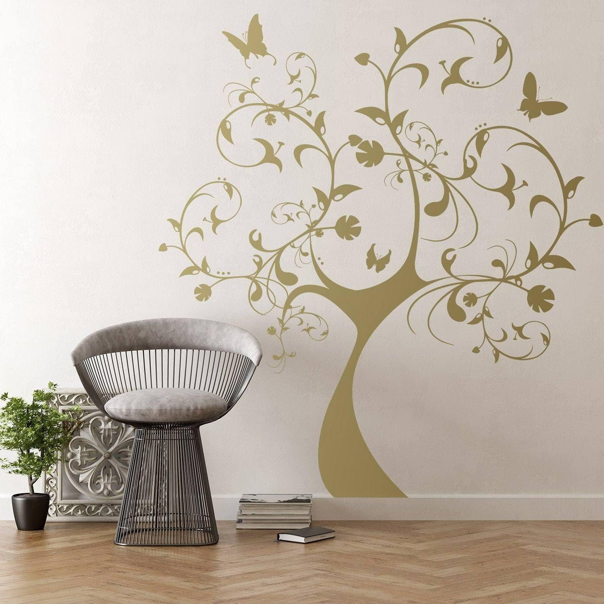 Nature's Delight vinyl wall art, decorative tree with butterflies on smooth wall, perfect for nursery or living space decor.
