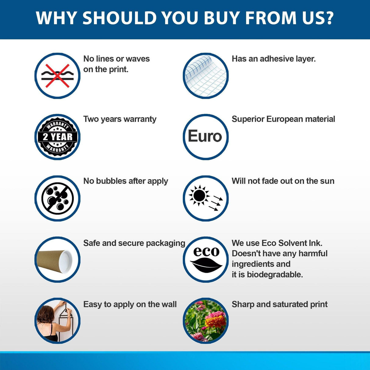 Infographic highlighting benefits of wall stickers: bubble-free application, eco-friendly ink, two-year warranty, and easy to apply.