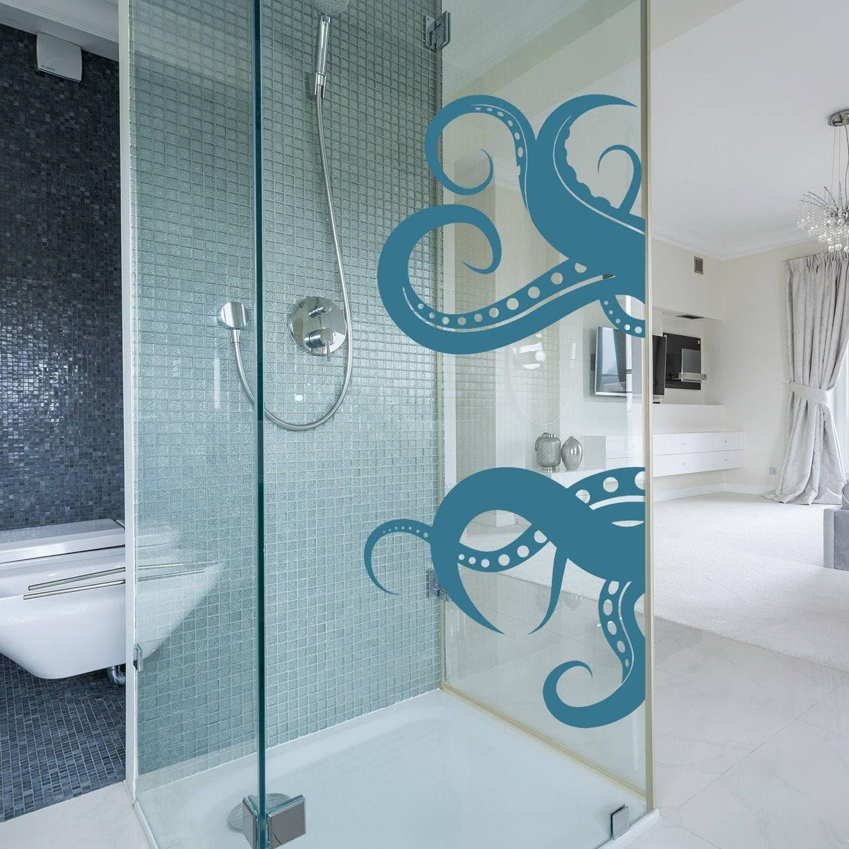 Octopus vinyl wall sticker on glass shower, marine theme, easy peel-and-stick decoration for bathrooms.