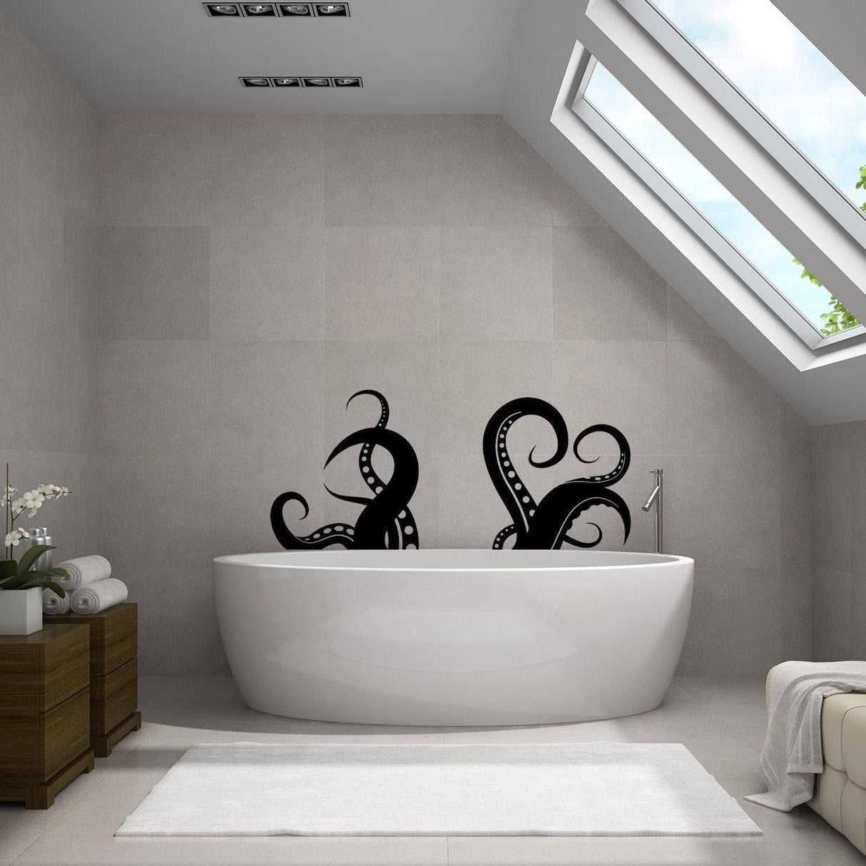 Octopus vinyl wall sticker decor above a modern bathtub in a stylish bathroom setting.
