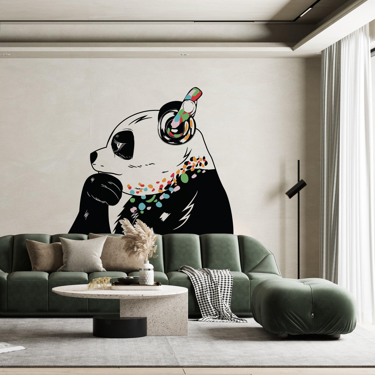Expressive panda wall decal in a modern living room, showcasing vibrant colors and artistic design.