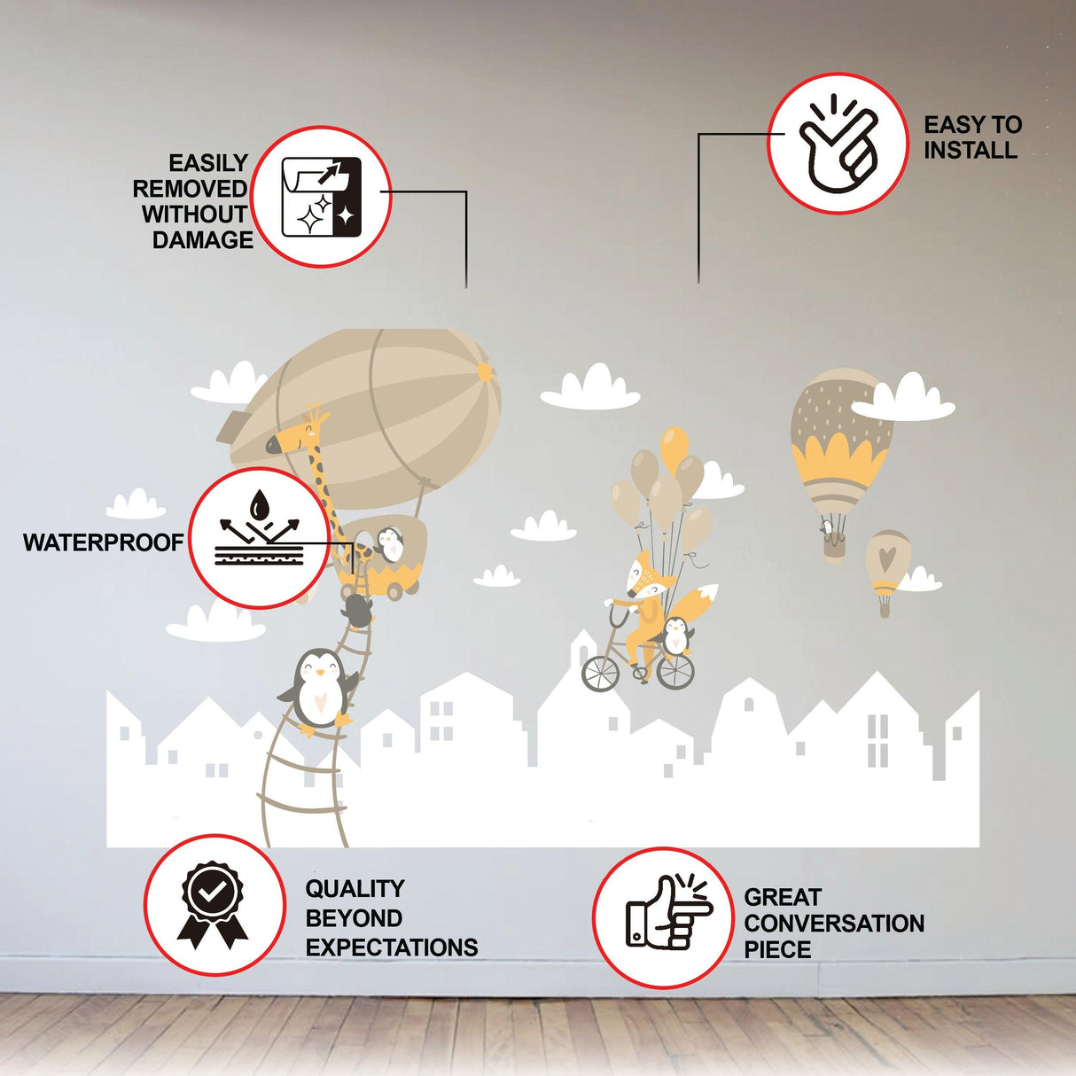 WhimsyLand wall decals featuring penguin, fox, and hot air balloons with installation instructions and benefits.