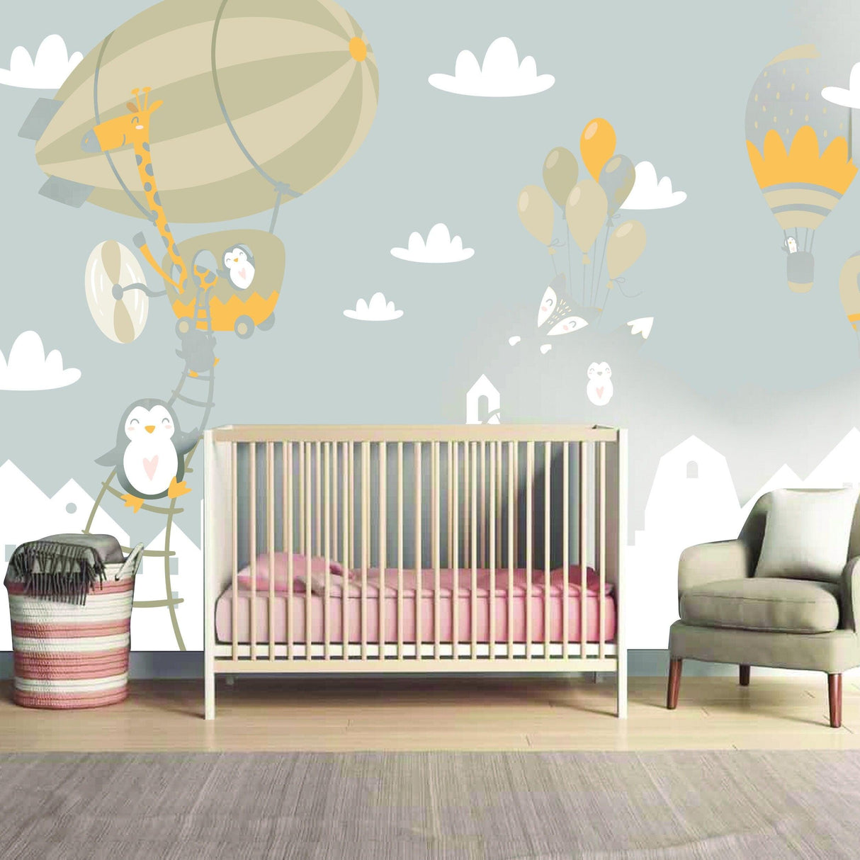 Charming animal wall stickers with hot air balloons and clouds in a nursery with a crib and cozy decor.