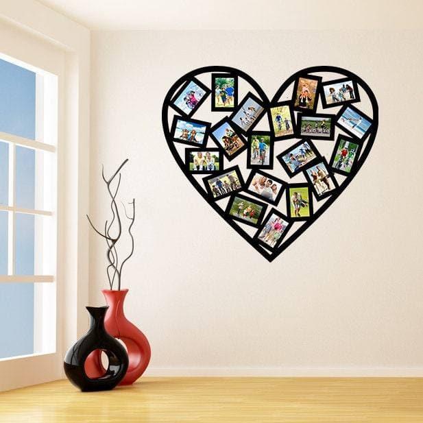Heart-shaped picture frame wall decal displaying multiple photos, adding a personal touch to stylish home decor.