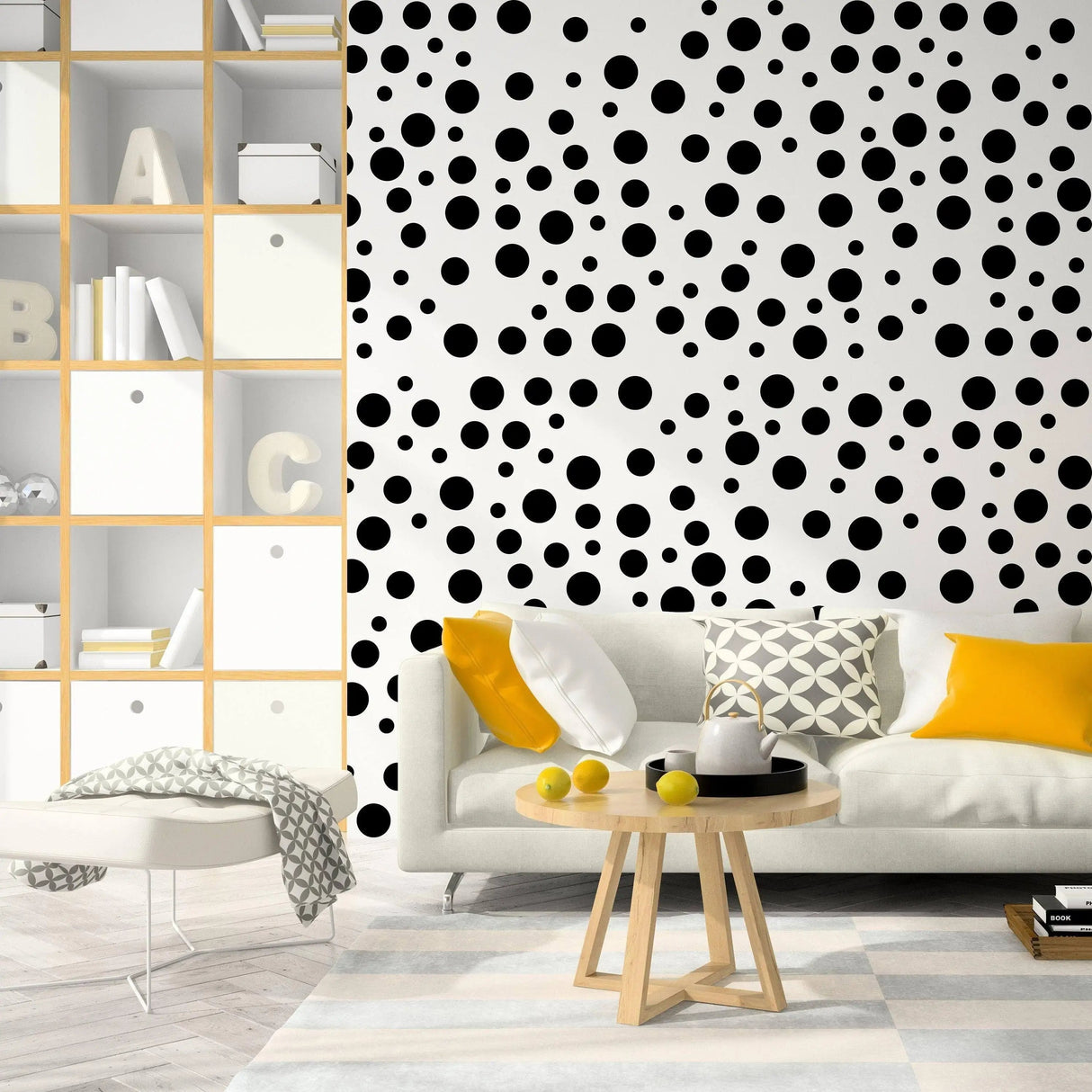 Stylish vinyl polka dot wall decals on a white wall in a cozy living room setting.