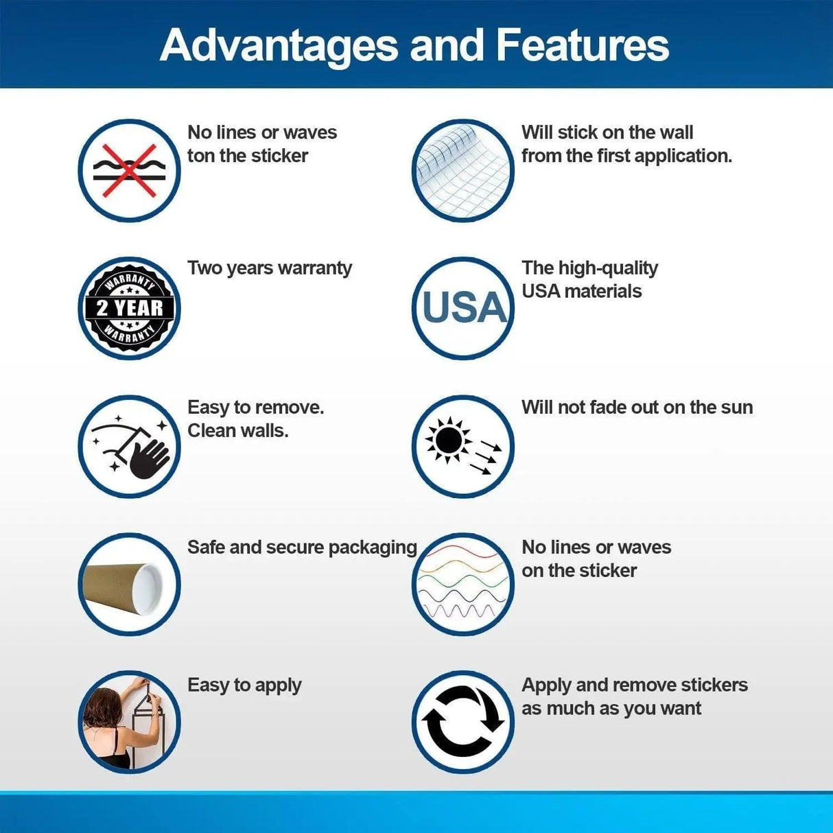 Image detailing advantages and features of Vinyl Circle Wall Decals, highlighting quality, warranty, and ease of use.