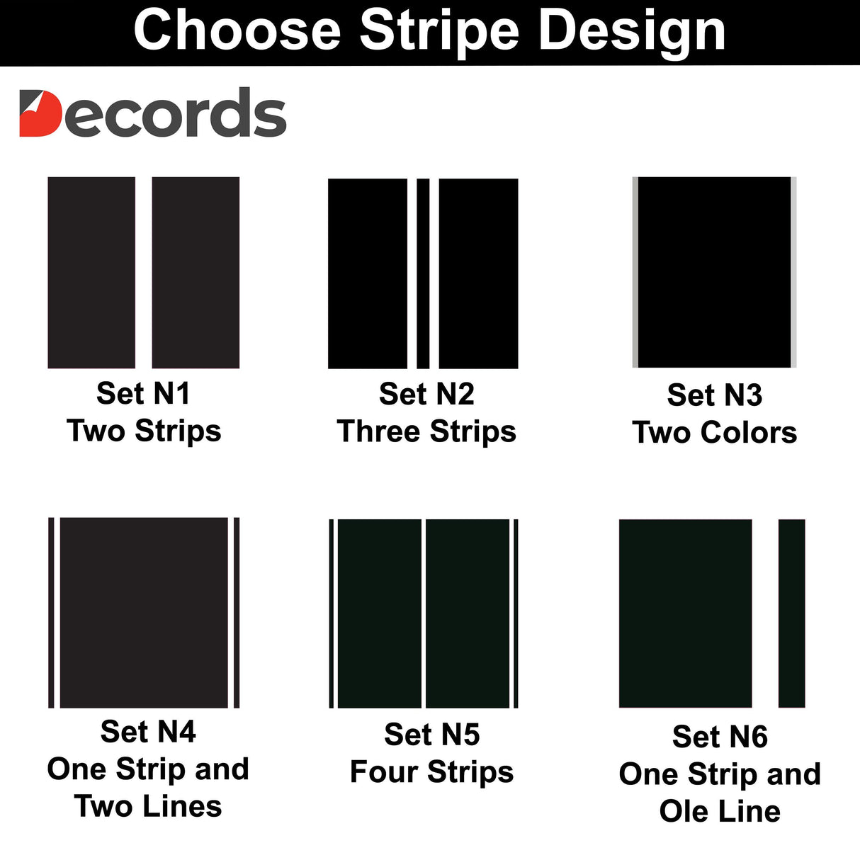 Choose from six racing stripe designs for car vinyl decals, including two, three, or four stripes options.