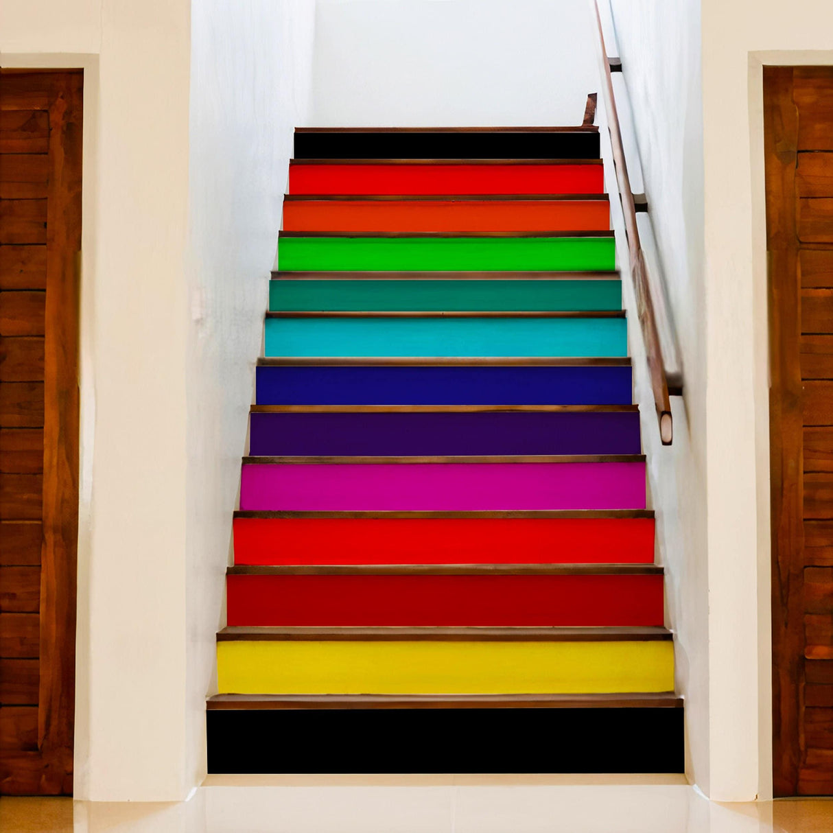 Vibrant rainbow stair riser decals adding color to a staircase with gradient hues for a playful home decor touch.