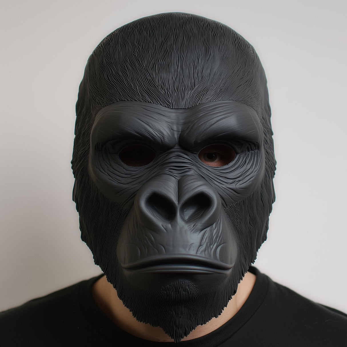 Realistic black gorilla face mask, 3D printed, perfect for Halloween cosplay and costume parties.