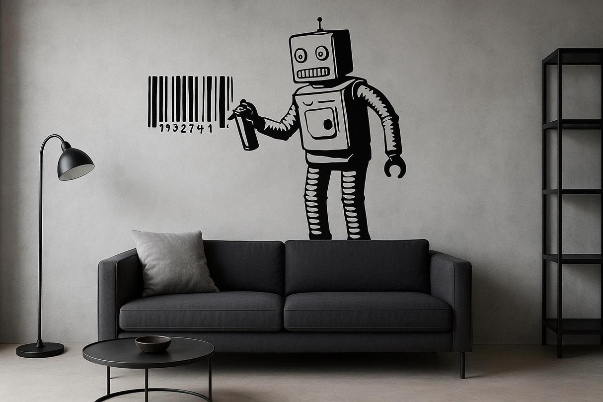 Black vinyl robot barcode wall decal on a gray wall above a modern sofa, adding urban art style to the room.
