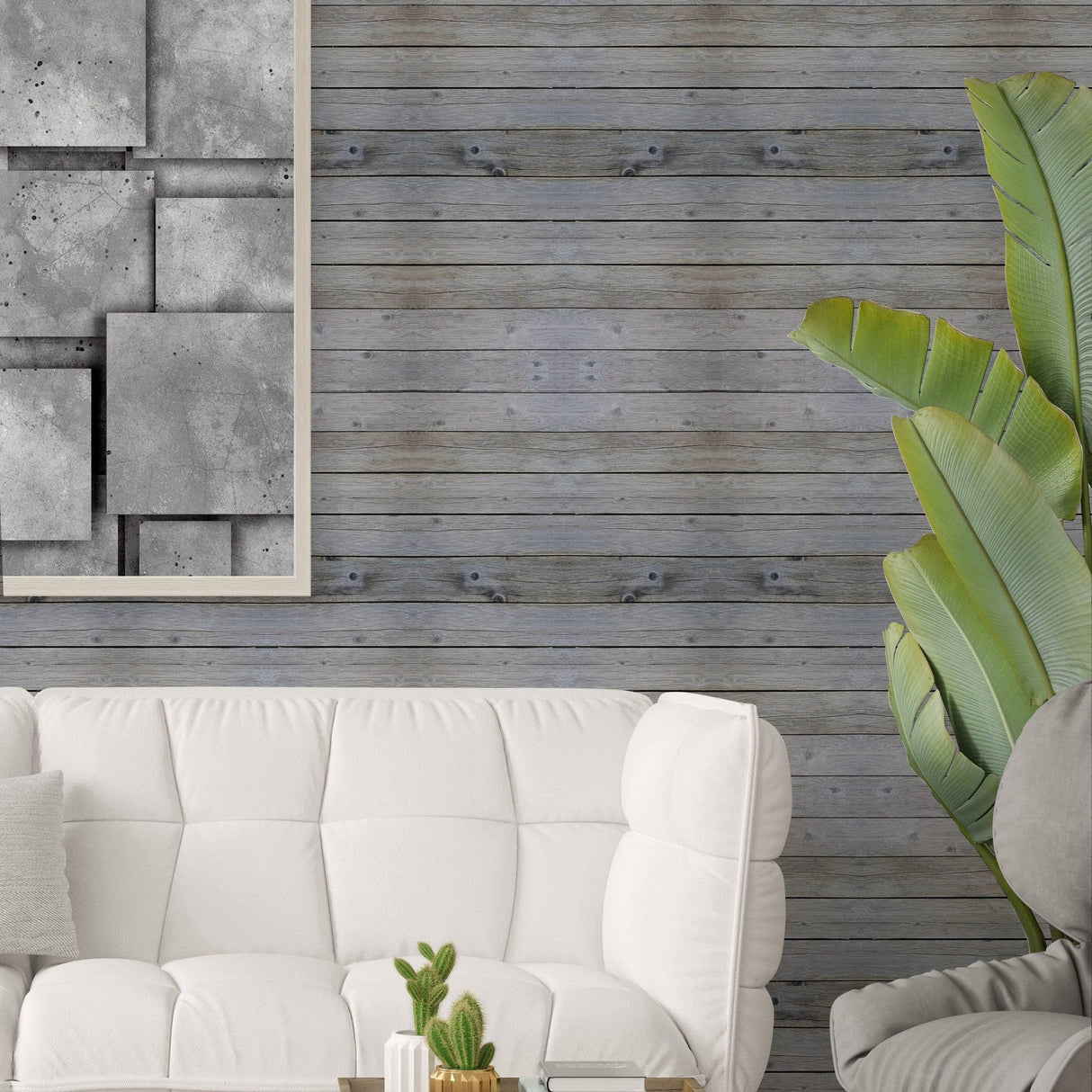 Rustic wood plank wall decal in modern living room with white couch and green plant decor.