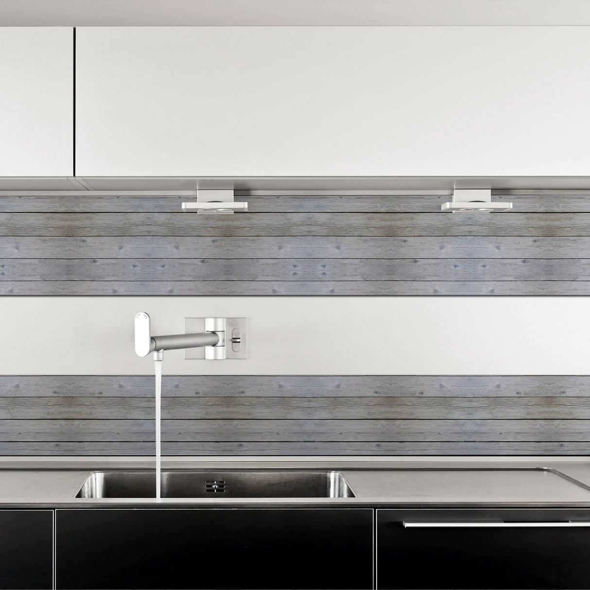 Rustic self-stick wooden plank wall decal in a modern kitchen wallpaper design, easy to apply and reposition.