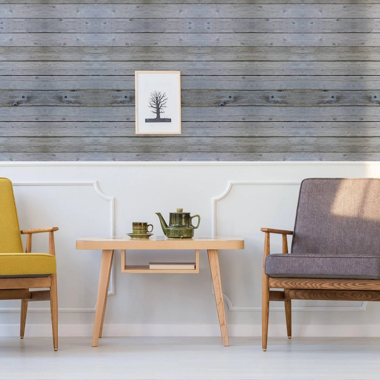 Rustic self-stick wooden plank wall decal in a modern living room with yellow and gray chairs and a stylish coffee table.