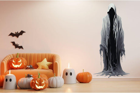 Eerie ghostly wall sticker in a cozy Halloween-themed living room with pumpkins and ghost decorations.