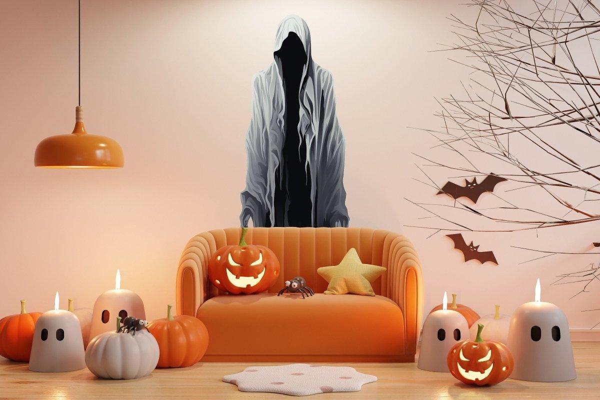 Sinister Shadow Wall Sticker in a cozy Halloween-themed living room with pumpkins and ghost decorations.