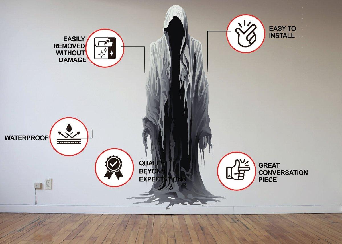 Sinister Shadow Wall Sticker displaying a lifelike ghostly figure, highlighting waterproof and easy installation features.