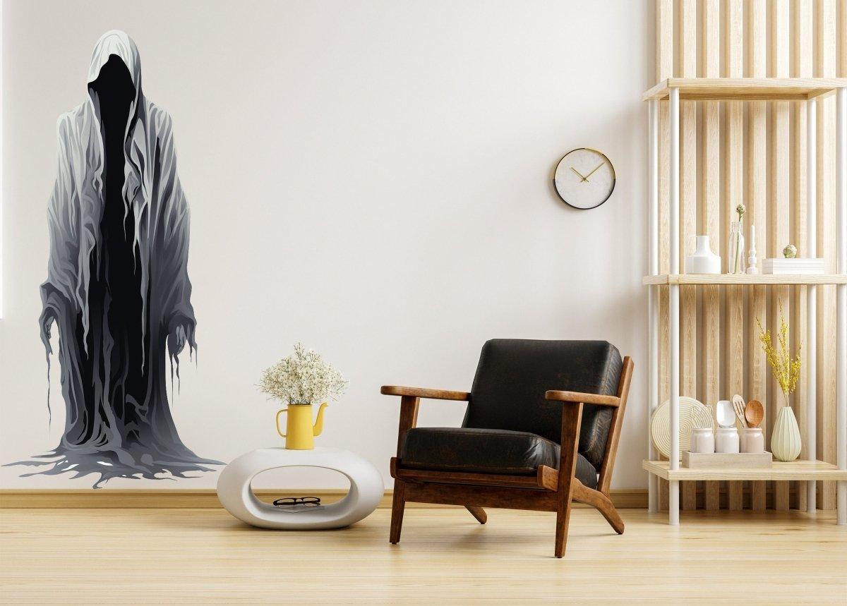 Eerie ghoul wall sticker creating a haunting atmosphere in modern living room decor.