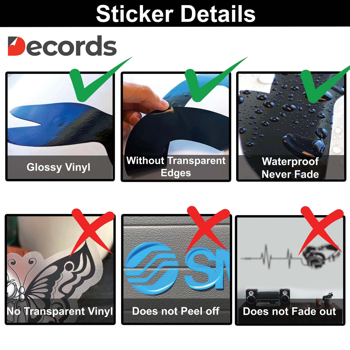 Infographic detailing sticker features: glossy vinyl, waterproof, no transparent edges, and durability.