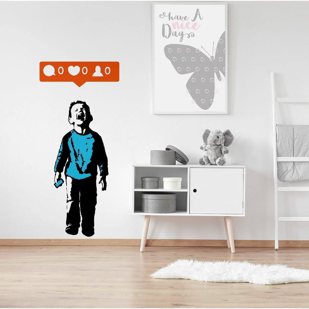 Banksy-style crying boy wall decal with social media icons, enhancing modern urban decor.