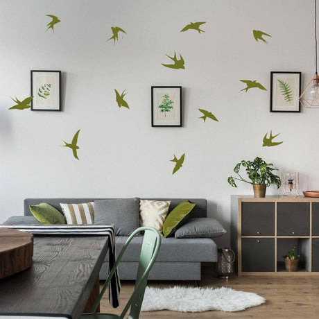 Stylish bird-themed wall decals in a modern living room, adding elegance and whimsy to the decor.