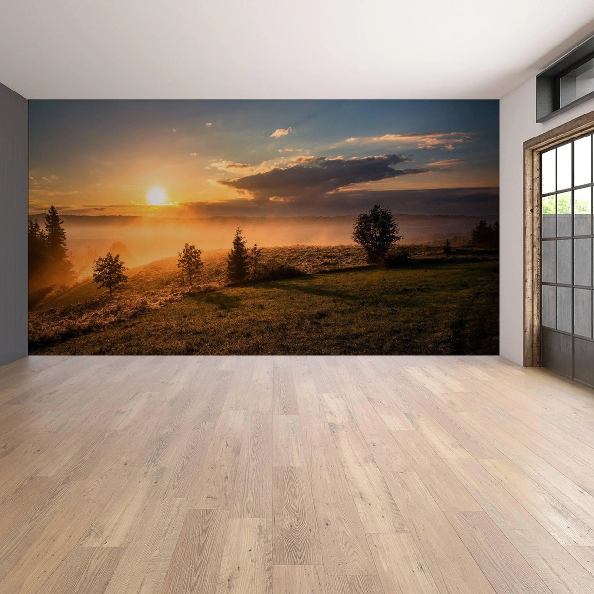Scenic sunset wall mural featuring trees and hills, creating a serene atmosphere for home décor.