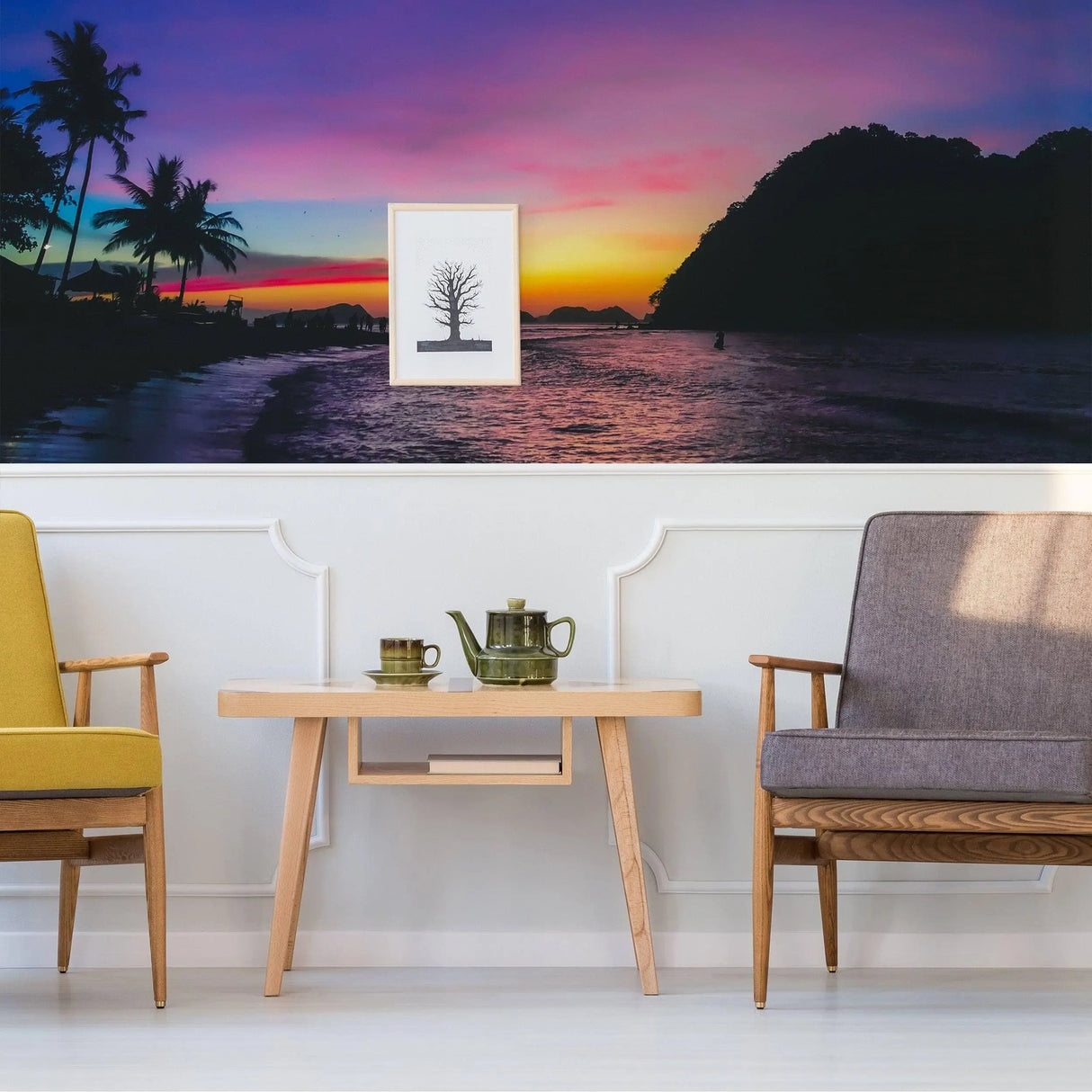 Vibrant urban sunset skyline wall stickers enhancing modern home decor with stylish seating and a coffee table.