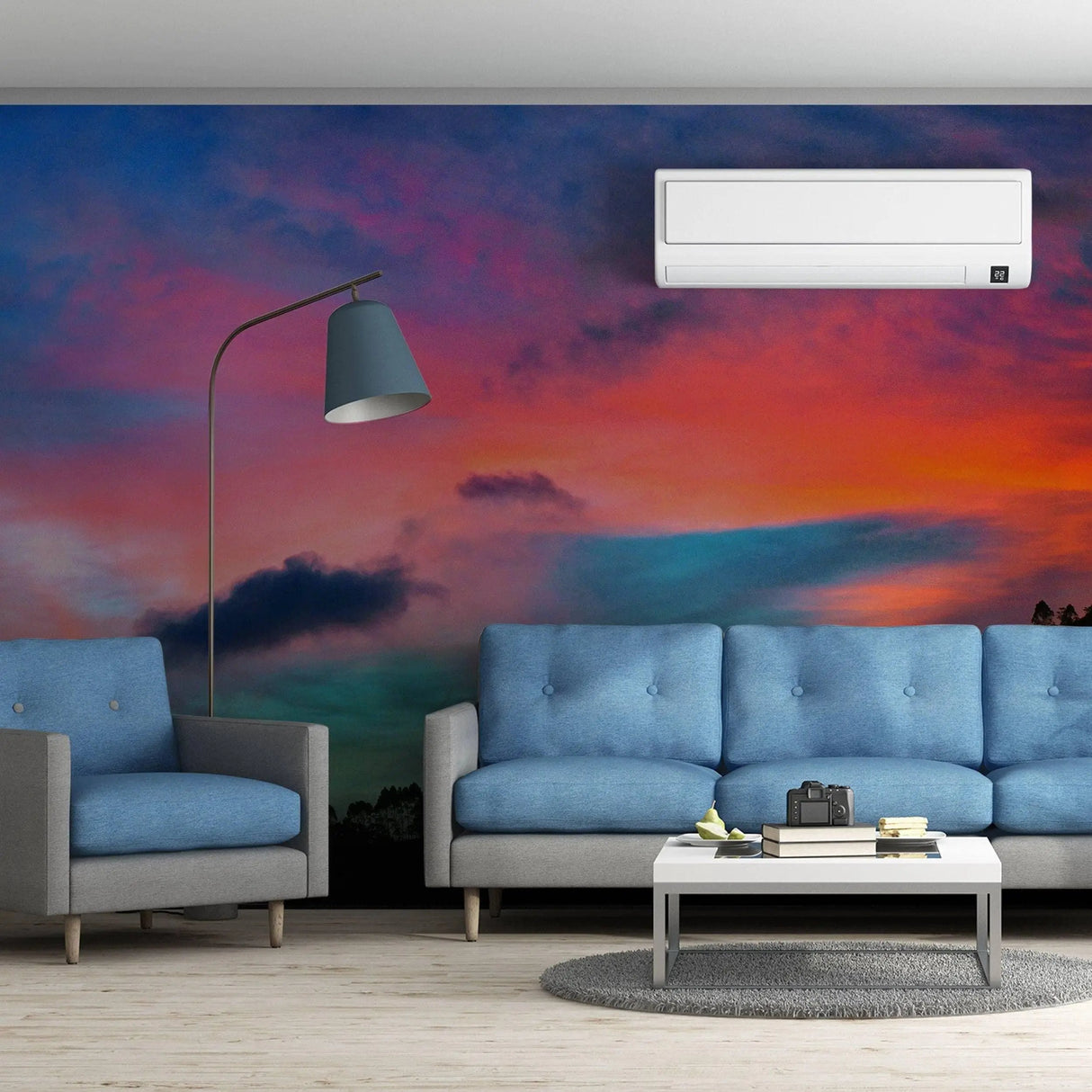 Stylish living room featuring Nature's Horizon sunset wall art decals, modern furniture, and serene atmosphere.