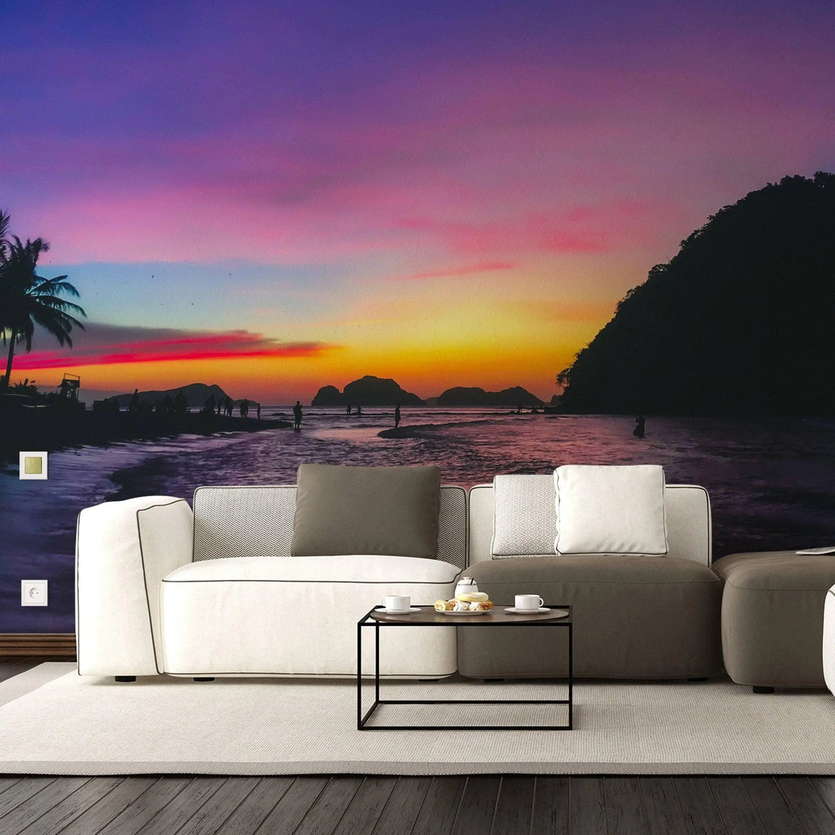 Urban sunset skyline mural wall sticker in a stylish living room setting with modern furniture.