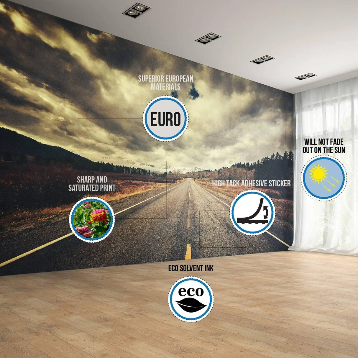 Wall stickers displaying road and landscape with icons for eco materials and high-quality print.