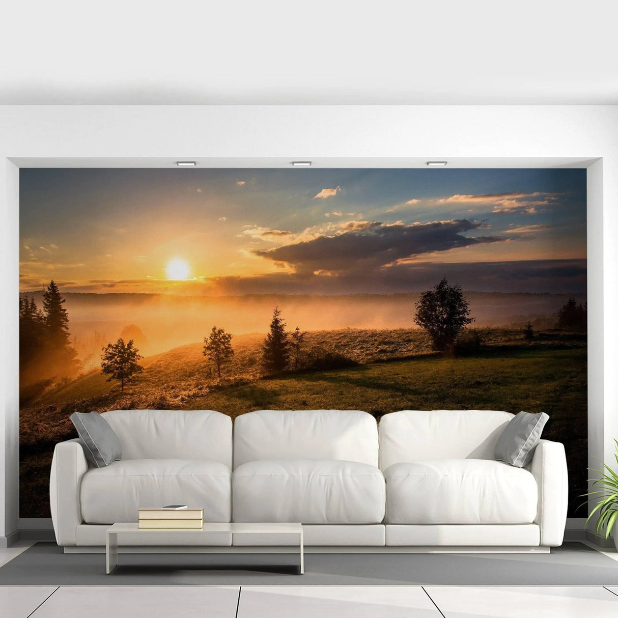 Natural Serenade Sunset Wall Decals creating a serene atmosphere with a scenic sunrise mural in a modern living room.