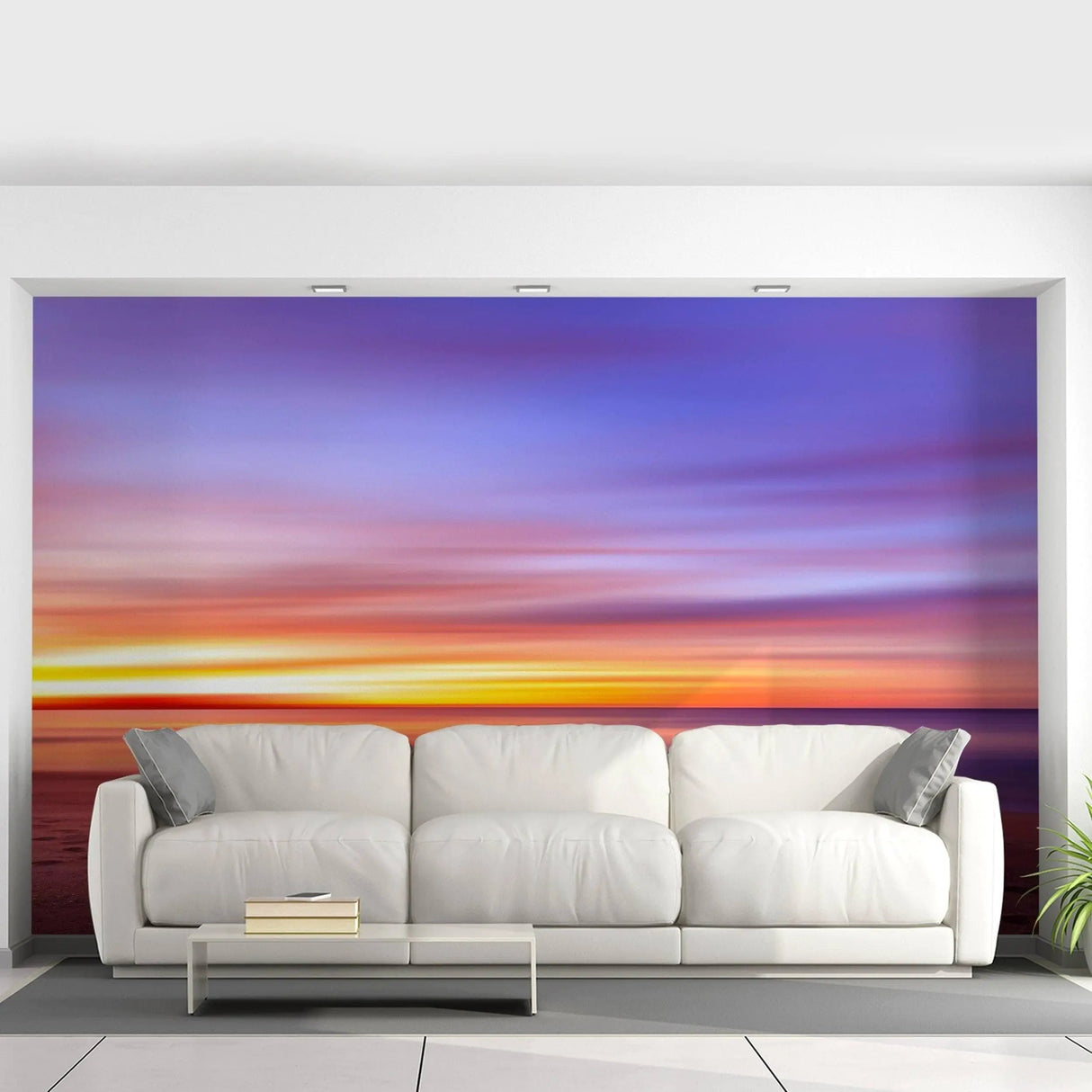 Stunning sunset wall decals in a modern living room, transforming the space with vibrant colors.