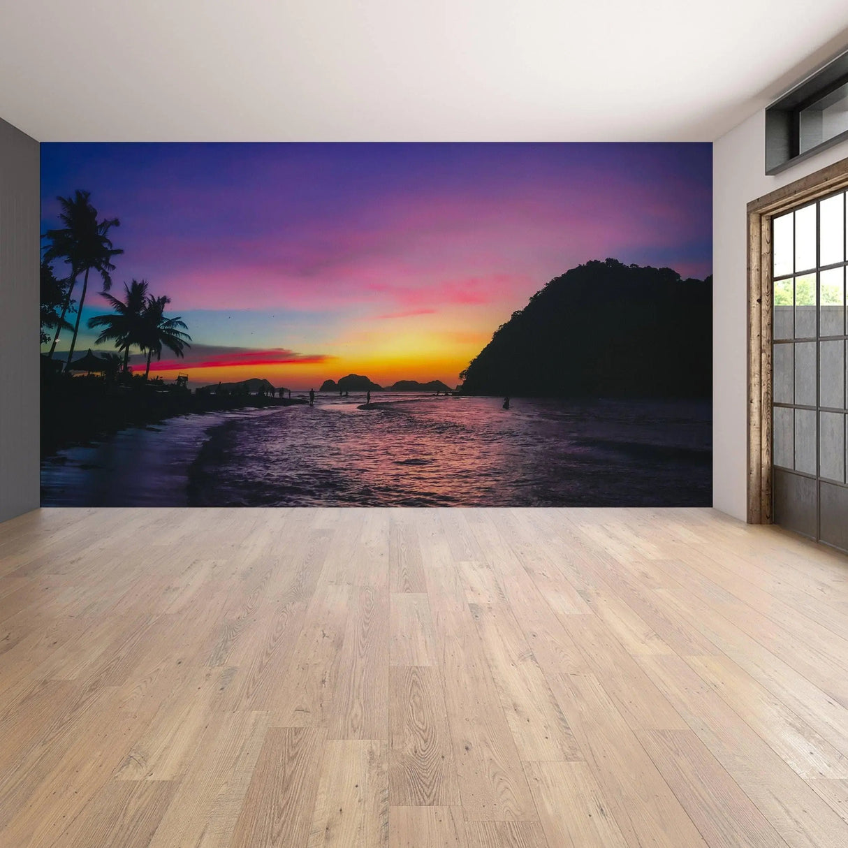 Urban sunset skyline wall sticker in a modern home setting, featuring vibrant colors and palm trees.