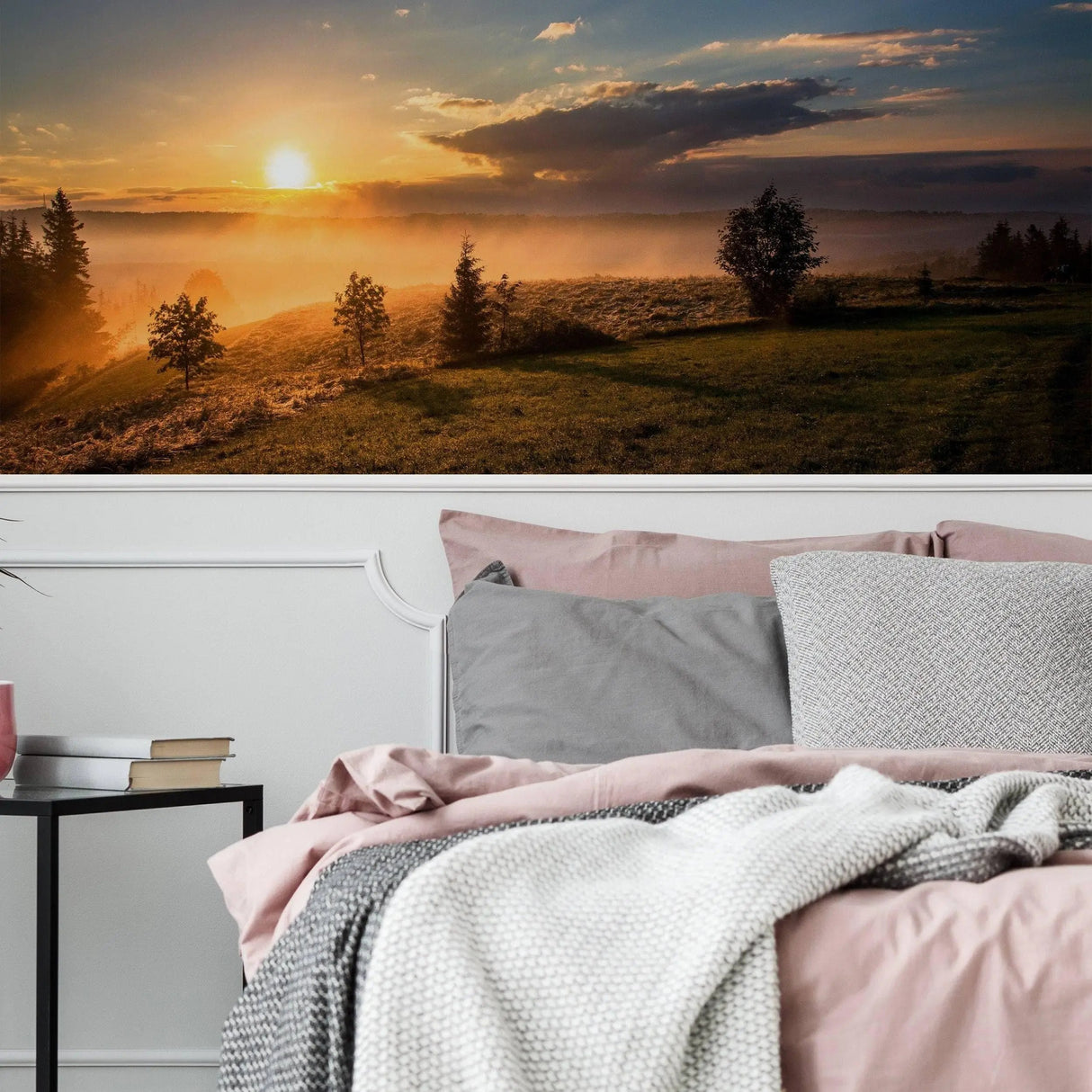 Serene sunset wall decal showcasing a breathtaking landscape with trees and mist, perfect for transforming room decor.