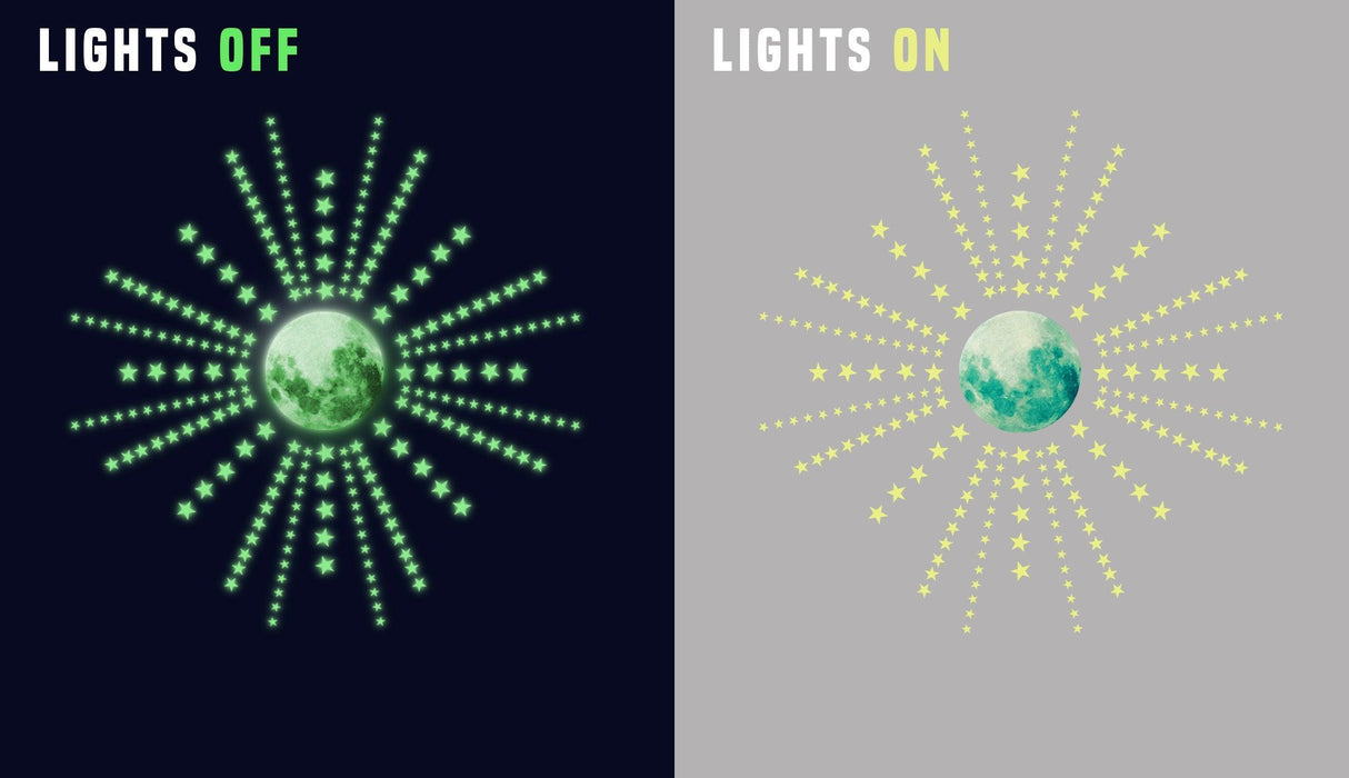 Glowing moon and stars design showing lights off and lights on for room decor.