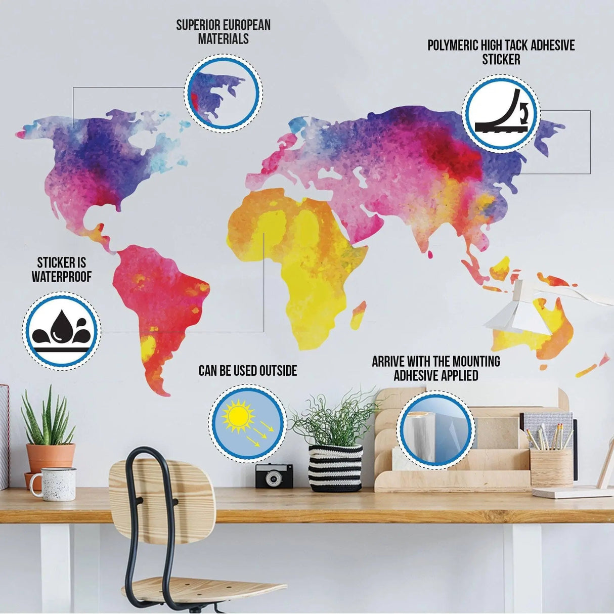 Colorful world map wall decal showcasing features like waterproof and high tack adhesive, perfect for home decor.