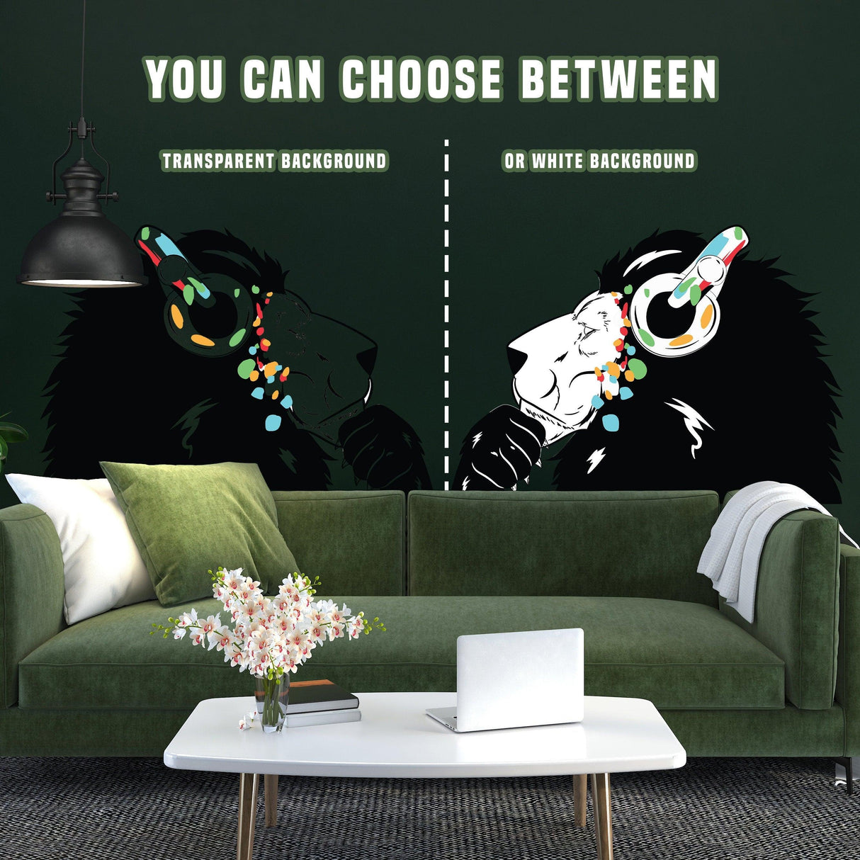 Street art inspired lion wall decal with options for transparent or white background, enhancing urban decor.
