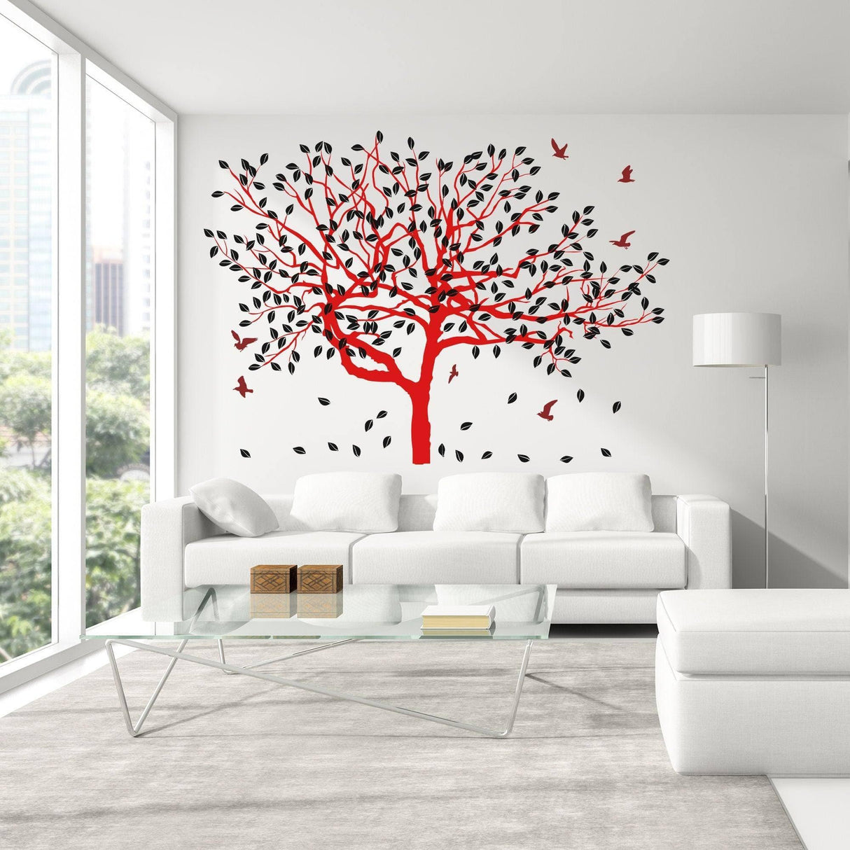 Red tree wall sticker decal with birds in a modern living room, showcasing nature-inspired decor.