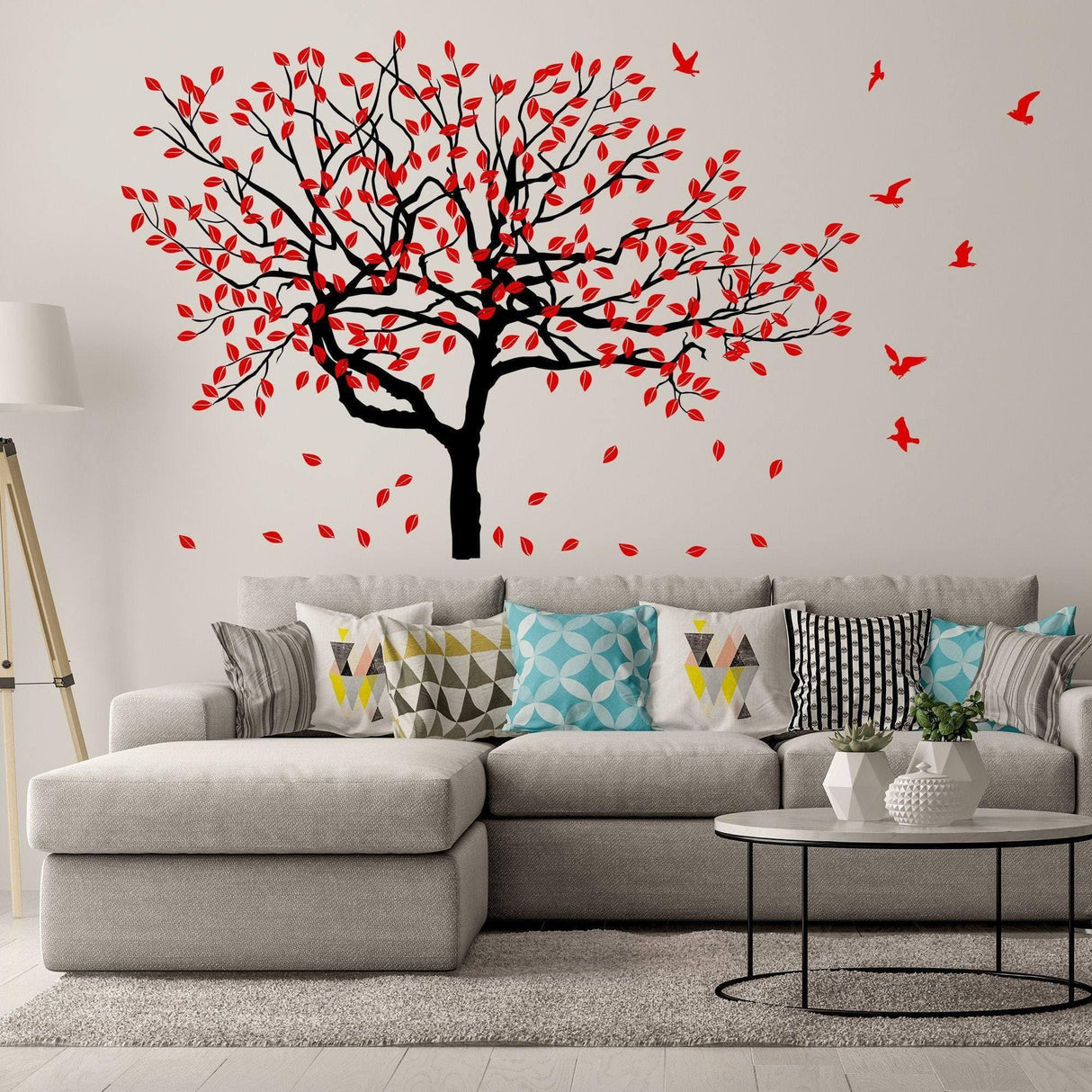 Nature-inspired Serenity Tree wall sticker with red leaves, enhancing modern living room decor.