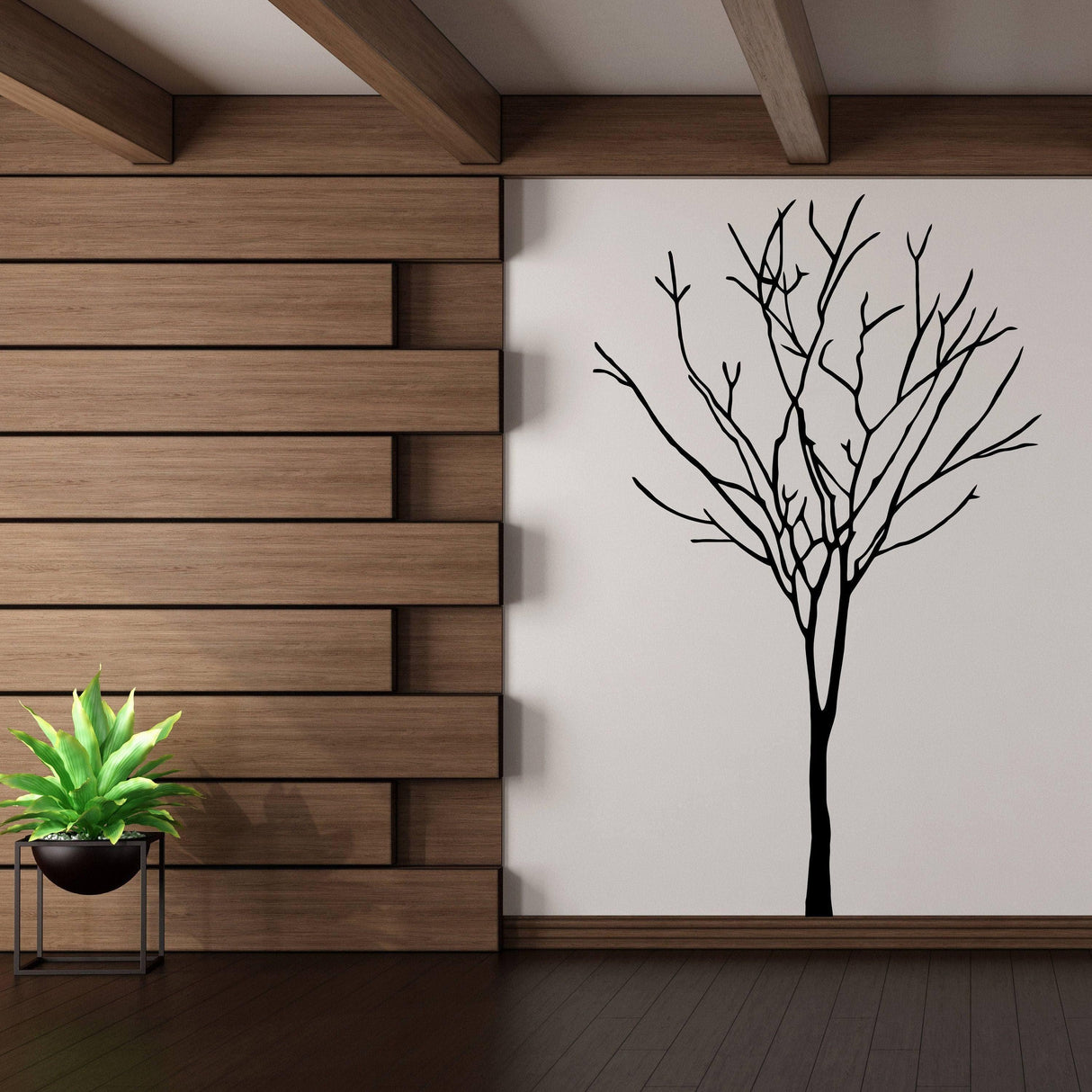 Black tree vinyl wall decal on a wooden wall, enhancing the natural aesthetic of the room.