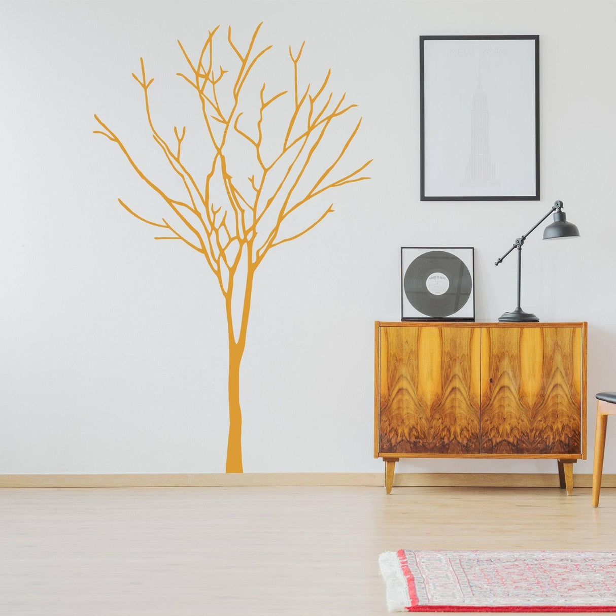 Nature's Serenity Tree Sticker Decal on wall, featured in a stylish living room with vintage decor.