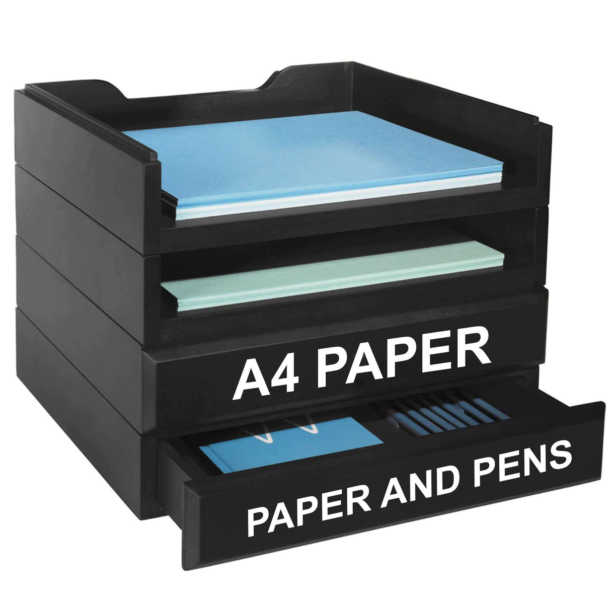 Black desk organizer with A4 paper and pens in drawers, ideal for office or home workspace organization.