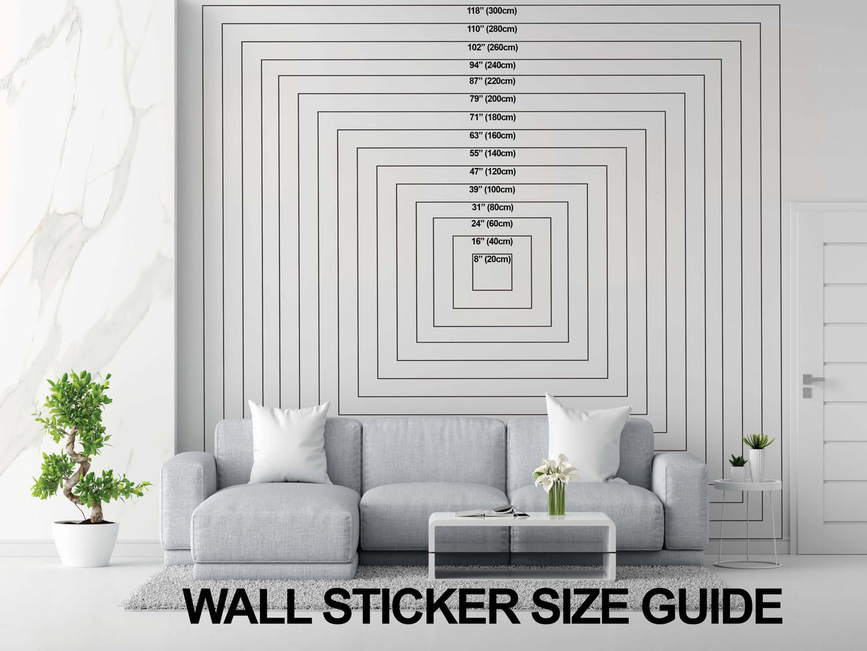 Wall sticker size guide with measurements displayed on a wall, showcasing a modern living room setup.
